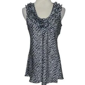 Spense Women's Size 1X Black Silver Dot  Sleeveless Ruffle V Neck Tunic Top